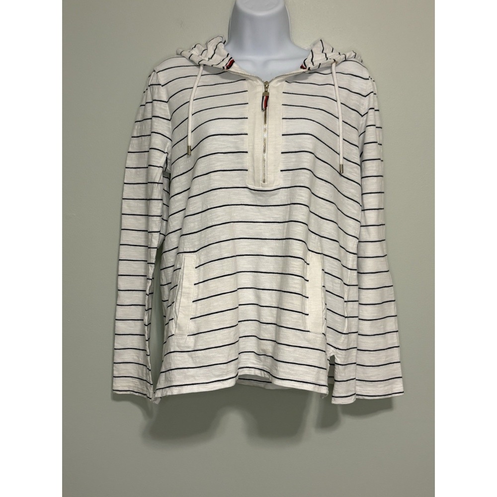 Tommy Hilfiger Women's White with Black Stripe 1/4 Zip Hoodie 100% Cotton Size M